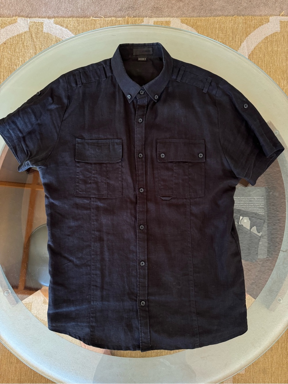 Comune Black 100% Linen Button Down Shirt Men’s Short Sleeve Size Large